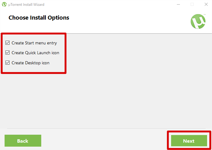 Opções de instalação do uTorrent