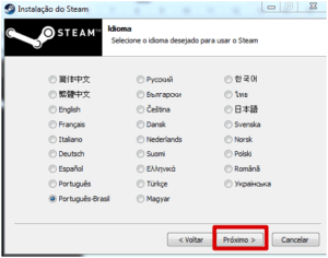 Tela de instalação do Steam, seleção de linguagem. Imagem: Printscreen do Instalador