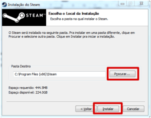 Tela de instalação do Steam, seleção de local de instalação. Imagem: Printscreen do Instalador