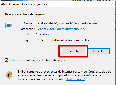 confirmar para instalar o zoom