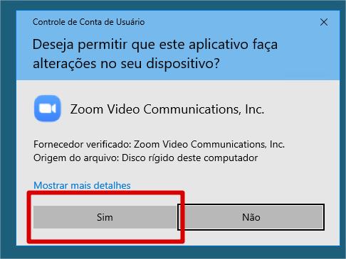 Confirmação adicional de segurança do windows para instalar o zoom