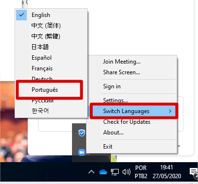 Selecionando linguagem do Zoom