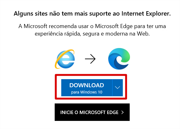 Mensagem Edge Internet explorer