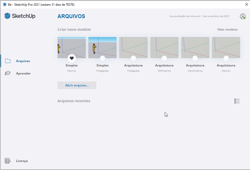 Tela inicial Sketchup 2021