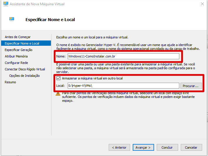 Nome e local da máquina virtual