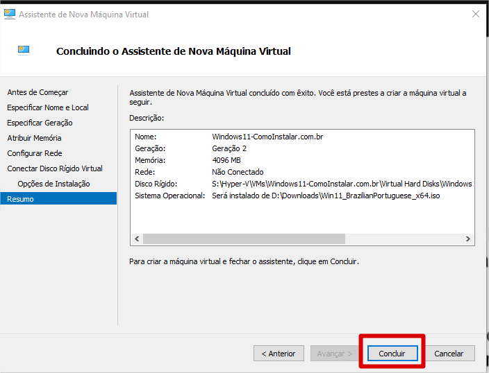 Conclusão da criação da Máquina Virtual