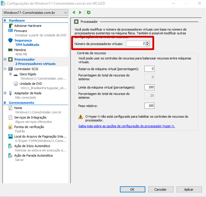 Ajuste processador da máquina virtual