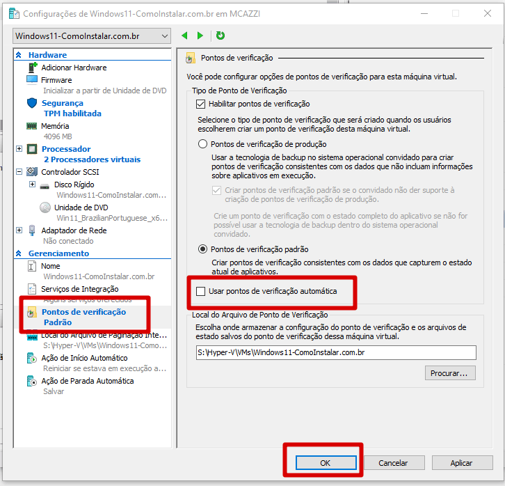 Configuração dos pontos de verificação da Máquina Virtual