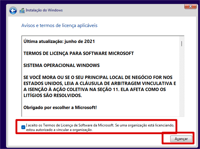 Termos de licença do Windows 11