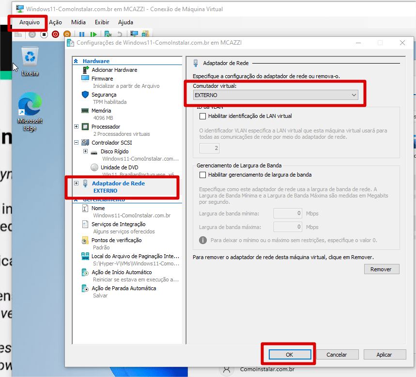 Definindo rede no Hyper-V para o Windows 11