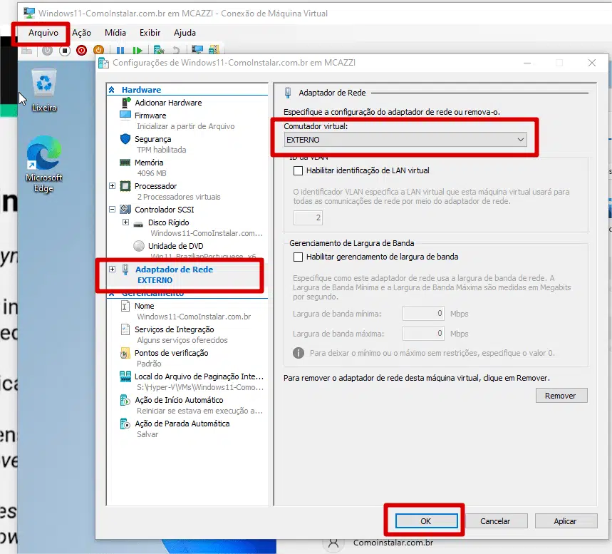 Definindo rede no Hyper-V para o Windows 11
