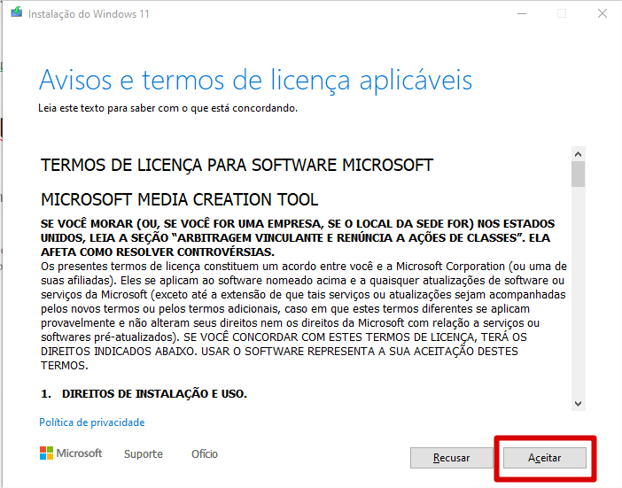 Aceitar termos de licença