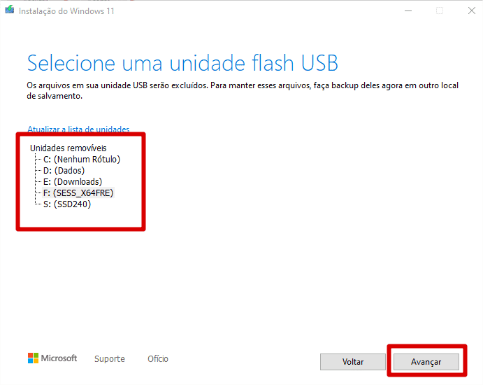 Selecionar a unidade flash USB