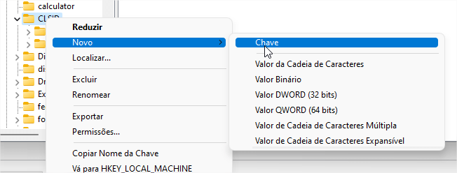 Nova chave regedit