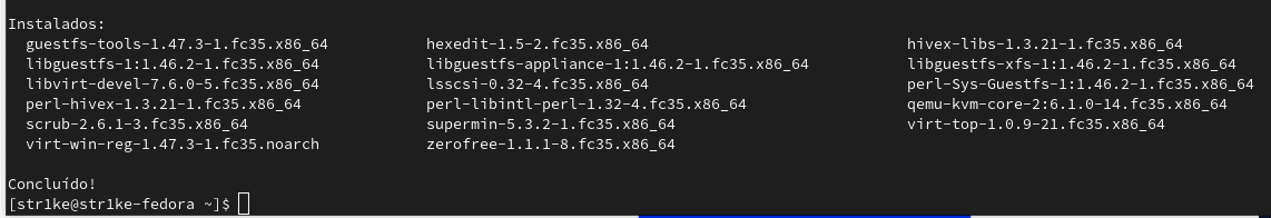 Resultado instalação pacotes adicionais kvm