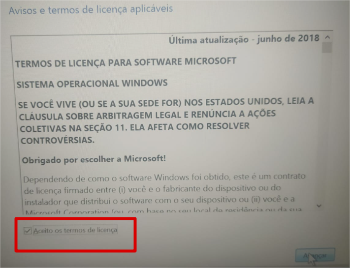 Termos de licença Windows 10