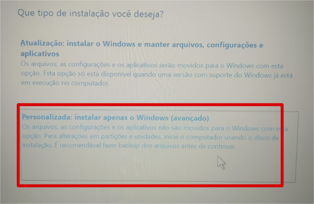 Instalação Personalizada Windows 10