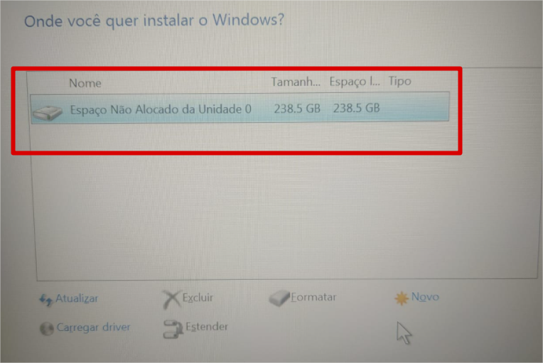 Espaço não alocado instalação Windows 10