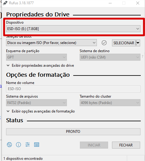 Como selecionar o dispositivo no Rufus