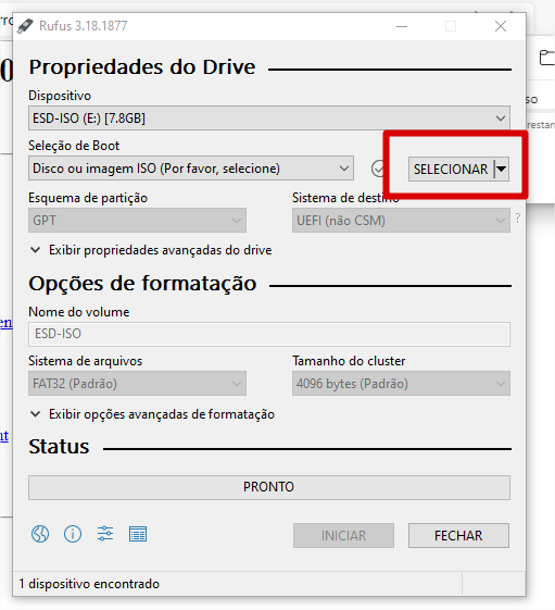 Como selecionar a imagem ISO no Rufus